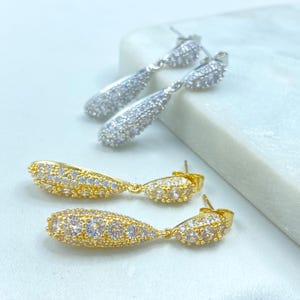 18k Gold Filled or Silver Filled, Double Tear Shape Drop and Dangle Earrings with Micro Pave Cubic Zirconia, Wholesale Jewelry