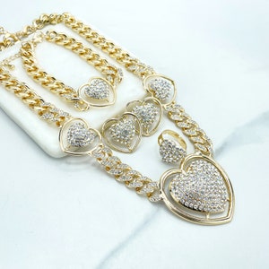 18k Gold Filled Iced Curb Link Chain with CZ Heart Charms Set, Necklace, Bracelet, Earrings & Ring, Wholesale Jewelry Making Supplies