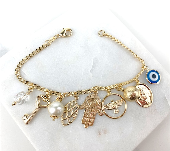18k Gold Filled Curb Link Chain With Evil Eyes Hansa Hand Key Pearl Dove Guadalupe Virgen Leaf Charms Bracelet Wholesale Jewelry Etsy Ireland