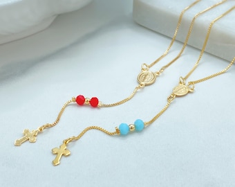 18K Gold Filled Rosary Necklace, La Milagrosa with Blue or Red Beads