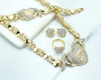 18k Gold Filled "I Love You" CZ Heart Charms, XoXo and Teddy Bear Linked Chain Set, Necklace, Bracelet, Earrings & Ring, Wholesale Jewelry