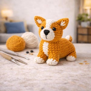 May include: A handmade crochet corgi dog in shades of orange, white, and black. The amigurumi dog has a white chest, paws, and head markings. Crochet hooks and yarn balls are in the background. A charming, handcrafted item.