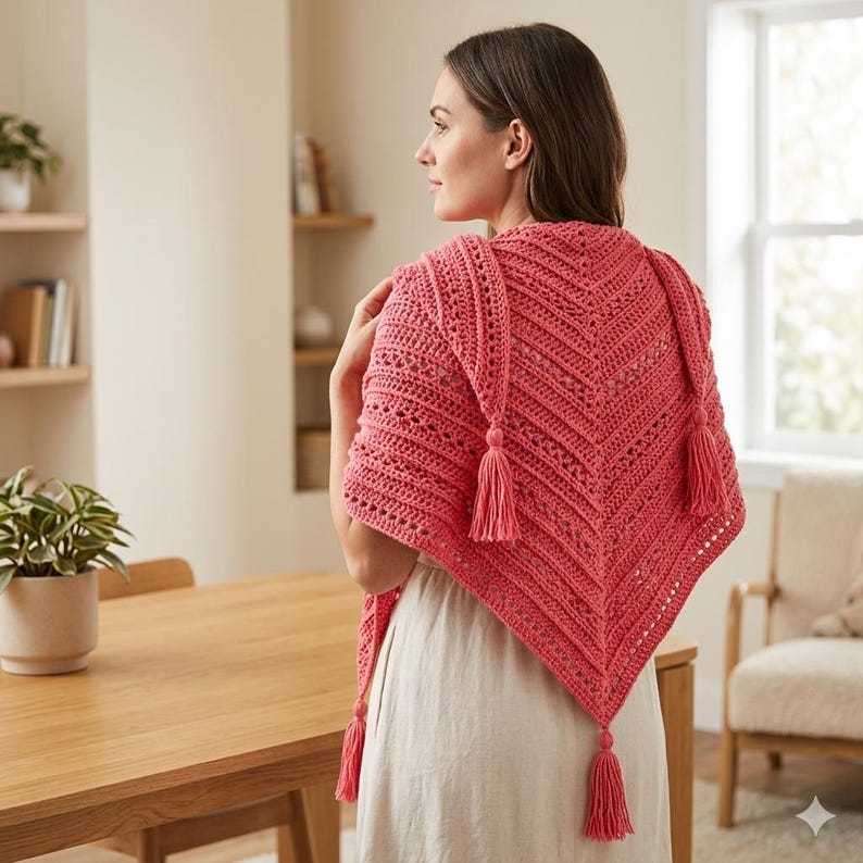Elegant Crochet Shawl Pattern, Lace Ribs Triangle Wrap, Boho Tassels ...