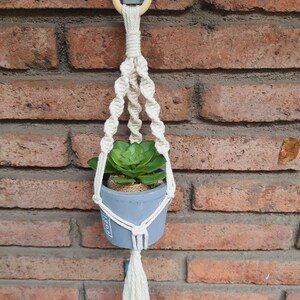 Peut inclure: Un porte-plante en macramé blanc avec un anneau en bois en haut, tenant un petit pot gris avec une plante succulente verte. Le porte-plante est suspendu à un crochet sur un mur en briques.