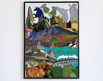 Scotland Travel Art Collage Wall Hanging Decor | Edinburgh Castle Print | HP Bridge| Edinburgh Home Decor | Scottish Art Print