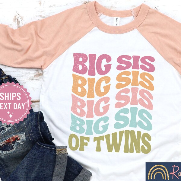 Big Sister of Twins Shirt, Big Sis to Twins Tee, New Twins Big Sis Toddler Raglan, Wavy Retro Vintage T-Shirt, Twins Announcement, 1103