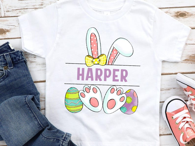 Camiseta personalizada de conejito de Pascua: Camiseta de búsqueda de huevos de Pascua para niñas - 1102
