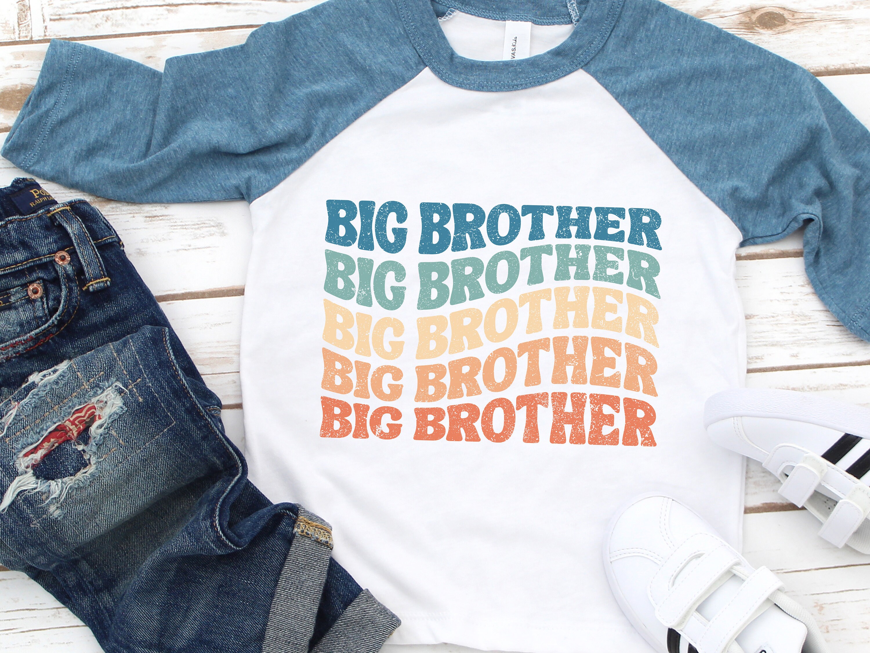 Discover Big Brother Shirt, New Big Brother Toddler Raglan, Wavy Retro Vintage Boy T-Shirt, Distressed Youth Boys Shirt, 1089
