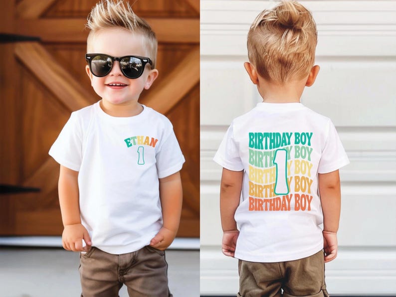 a little boy wearing a birthday shirt and sunglasses
