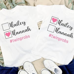 Funny Twin Girls Shirts, Personalized Identical Twins Onesies®, Twin Names with Hearts Tees, Twin Toddler Shirts, Twin Girls T-shirts, 1185
