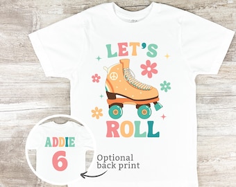 Roller Skate Birthday Shirt, Retro Lets Roll Roller Skating T-Shirt for Girls, Pink Personalized Birthday Party T-Shirt, Party Shirts, 1095