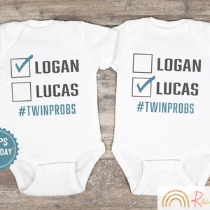 Funny Twin Boys Shirts, Personalized Identical Twins Onesies®, Twin Names with Checkmarks Tees, Twin Toddler Shirts, Twin Boys T-shirts 1184