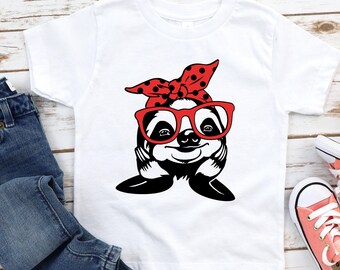Kids Valentines Sloth Shirt, Red Glasses, Girls Animal Tee