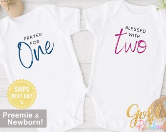 Newborn Twin Onesies®, Religious Newborn Twins Gift, Prayed for One Blessed with Two, Twin Pregnancy Announcement, Twin Baby Gift, 1175