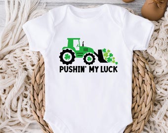 Pushin' My Luck St Patricks Day Onesie - Tractor Clover Design