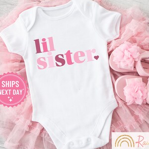 Little Sister Onesie®, Lil Sis T-Shirt, Baby Girl Announcement, Shower Gift for Girl,  Pink Modern Design, Cute Minimalist Bodysuit, 1179