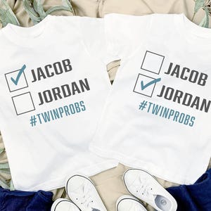 Personalized Twin Boys Shirts: Checkmark Names, Matching Tees - 1184