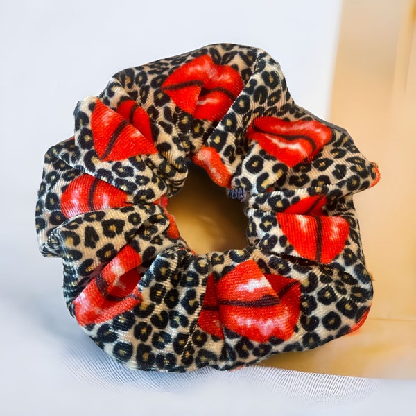 Cheetah Lips Velvet Scrunchies | Hair Ties | Pony Tail Holder | Messy Bun Hairstyles | Cute Bracelet | Kiss Me Lips | Hair Ties