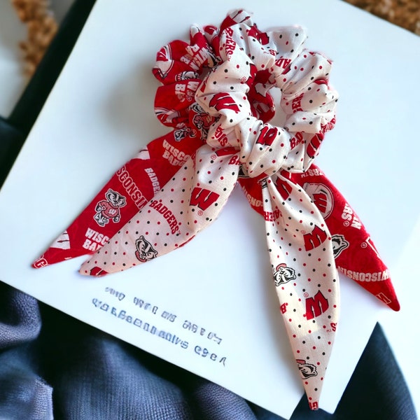 Wisconsin Badgers Scarf Scrunchies | University Alumni Gift | Unique Messy Bun Hair Ties | Scarf Hairstyles | Collage Student Novelty Gift