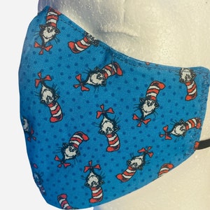 Dr. Seuss Cat in the Hat Cotton Face Mask | Metal Nose Wire | Adjustable Ear elastic | Two Ply | Three Ply | Filter