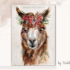 A6 Postkarte Alpacca~ Niedliches Aquarell Porträt~ Grusskarte zum Verschenken Geburtstagskarte Asiatisch Tiere Alpakka Lama