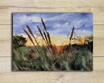 Postcard Sunset ~ Landscape Watercolor ~ Greeting Card Art Postcard Painting Print Birthday Card A6 Sunset
