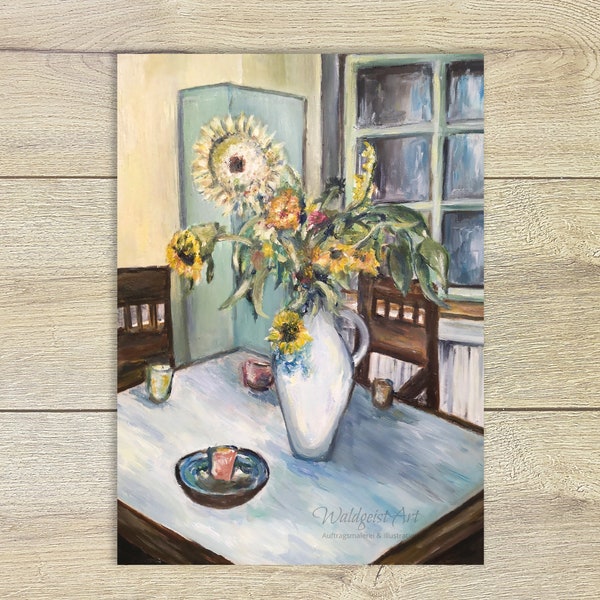 A6 Postkarte Stillleben Sonnenblumen Vase ~ Ölmalerei Impressionismus ~ Grusskarte Kunstpostkarte Malerei Print Interieur Ölgemälde