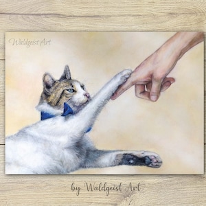 A6 Postkarte Hände Kunst ~ Tierporträt Grusskarte Kunstpostkarte Zeichnung Print Geburtstagskarte Katze Michelangelo Katzenliebe Geschenk