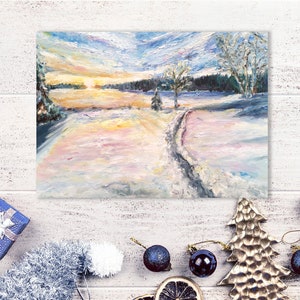 Postkarte Winter Heimat ~ Landschaft Ölfarbe Impressionismus Weihnachten ~ Grusskarte Kunstpostkarte Malerei Print A6