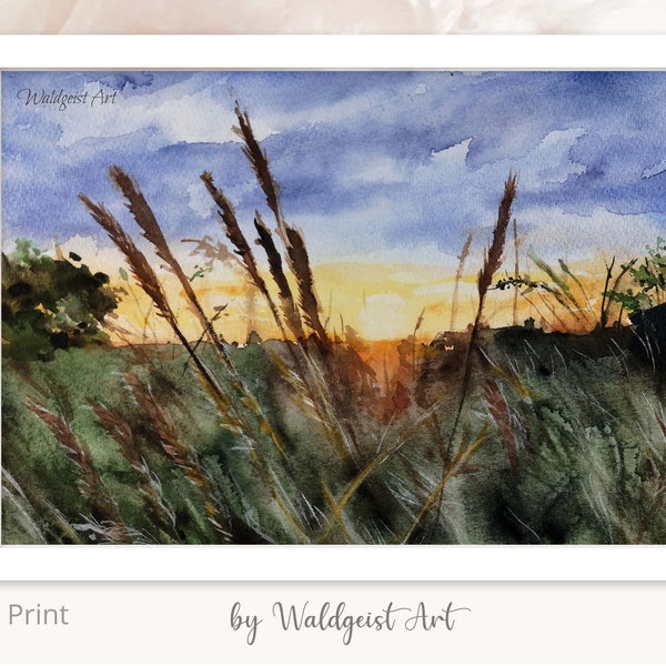 A4 Print Sonnenuntergang Poster Malerei Kunstdruck~ Landschaft Aquarell Handgemalt