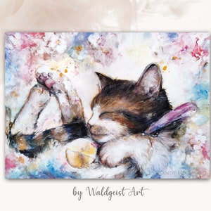 A6 Postkarte Katze~ Niedliches Aquarell Porträt~ Grusskarte zum Verschenken Geburtstagskarte Tiere Frühlingsgrüße Blumen Glückskatze