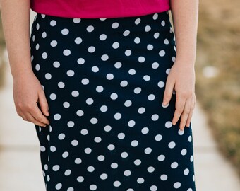 navy blue polka dot pencil skirt
