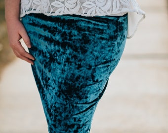 Teal Crushed Velvet Pencil Skirt - Classic Style - Stretch Knit - Knee Length - Fits all shapes and sizes - Custom made