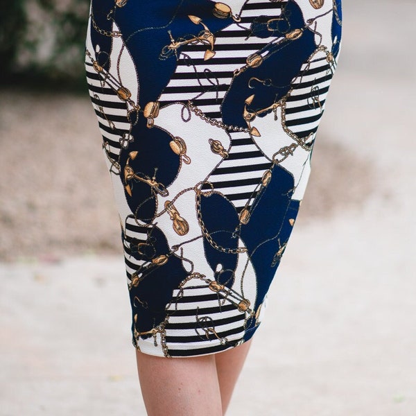 CLEARANCE- Size S, 27" long, Fun Navy and White print and stripes pencil Skirt - Classic Style - Stretch Knit - Only One Available!