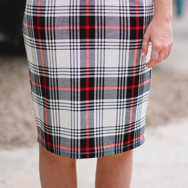 White, Black and Red Plaid Pencil Skirt - Classic Style - Stretch Knit - Custom Lengths - Fits all shapes and sizes - Handmade