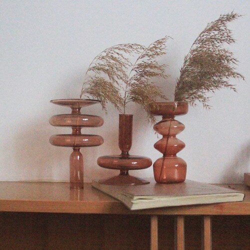 Brown Midcentury Glass Candlestick Holders Vases. Vintage Etsy