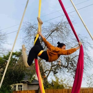 May include: A woman performs aerial silks in a backyard. She is wearing a brown sweater and black leggings. The silks are yellow, pink, and red.