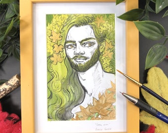 Green man A6 original watercolour with gold acrylic highlights - Framed original - Beautiful boy fairie / male fairy with leaf crown