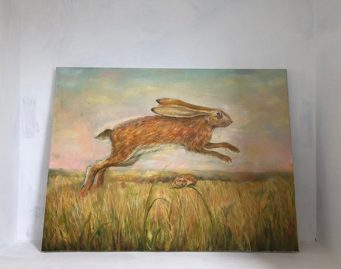 Hare oil painting on canvas leaping hare with field mouse in Etsy