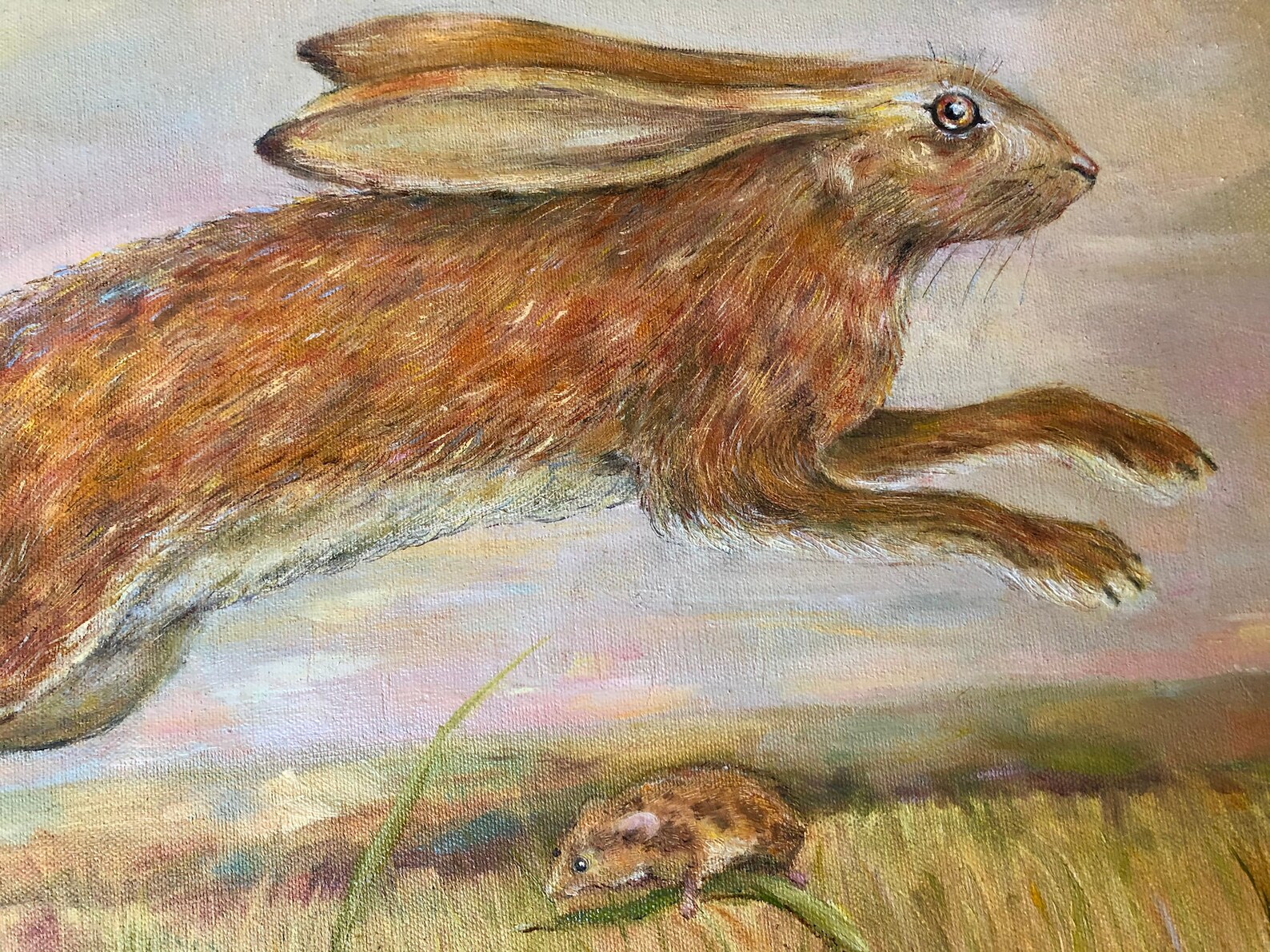 Hare oil painting on canvas leaping hare with field mouse in Etsy