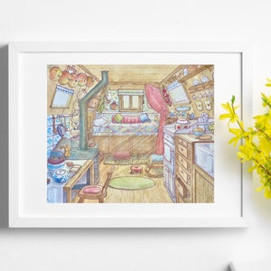 May include: A watercolor painting of a cozy, narrow boat interior with a bed, a wood-burning stove, and a small kitchen area. The walls are painted in a light blue and white pattern, and the floor is a warm wood tone. There are various kitchen utensils and dishes hanging on the walls.