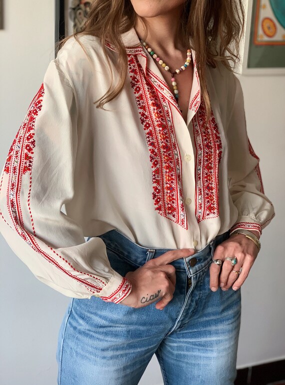 Embroidered Ukrainian silk blouse