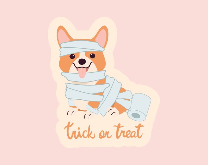 Corgi Mummy Sticker, Dog Sticker, Halloween Sticker, Fall Sticker, Corgi Sticker