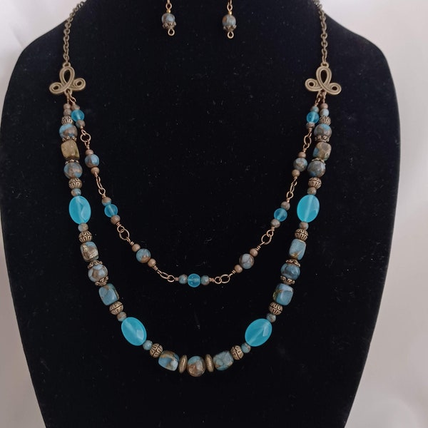 Aqua Blue Chalcedony, Jasper, and Bronze Accented Necklace & Earrings Set, Two-strand layered Necklace, Boho, Birthday, Jewelry Gift for Her