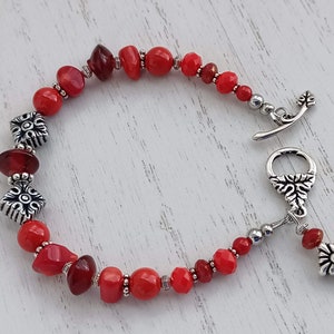 Red Lampwork, Coral Bamboo & Crystals Beaded Bracelet, TierraCast Accents, Red Elegant Bracelet, 7&quot; Bracelet, Birthday, Jewelry Gift for Her