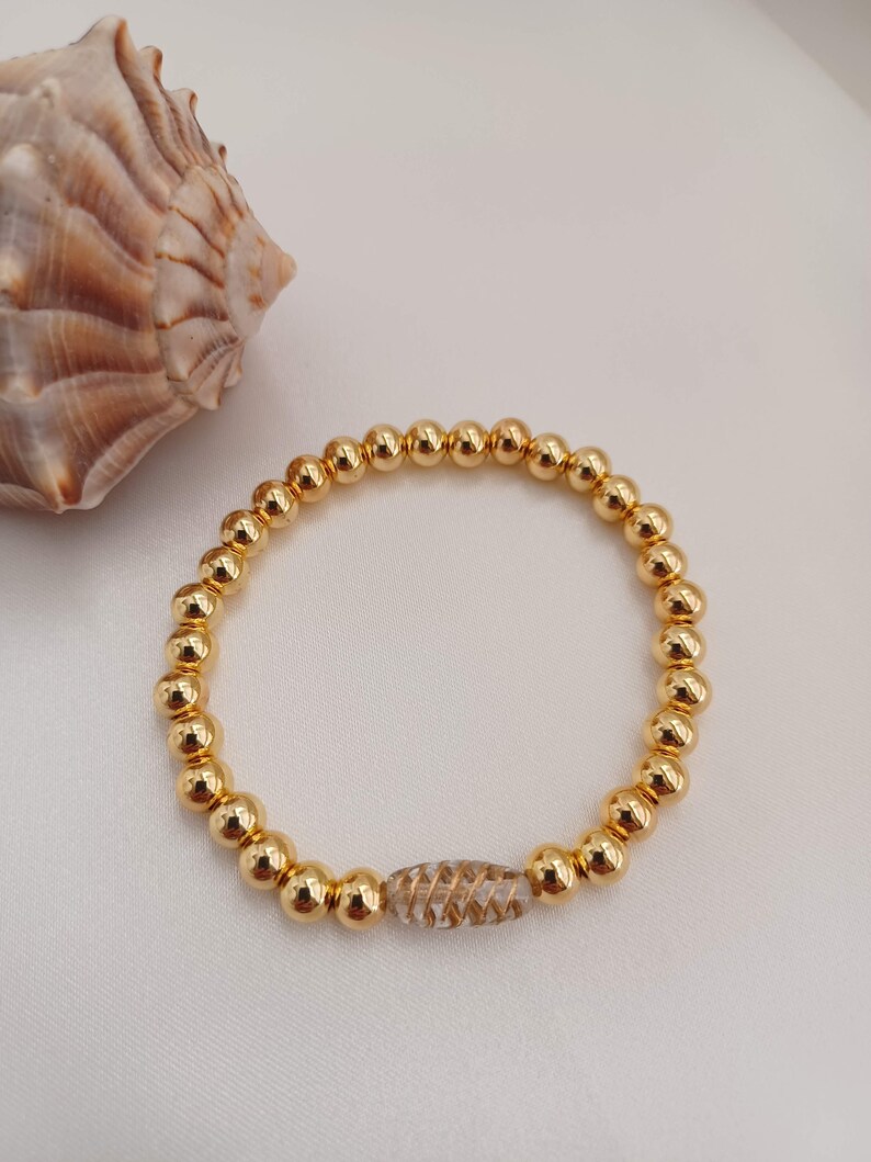 14K Gold Plated Brass Beaded Bracelet, Stretch/elastic Bracelet