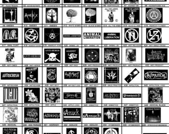 May include: A black and white image of 64 different patches. The patches are all square and feature various designs, including skulls, flowers, and political slogans. The patches are arranged in a grid pattern.