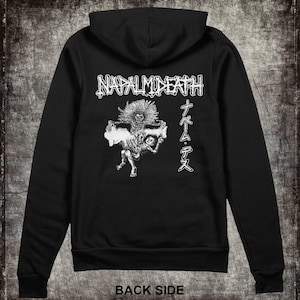May include: Black hooded sweatshirt with a white graphic print of a skull and the text "NAPALM DEATH" and "ナパームデス".