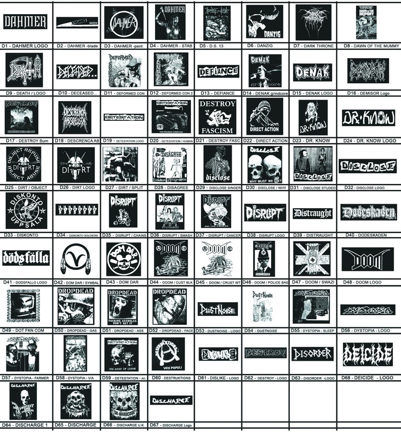 May include: A black and white grid of 67 squares, each containing a band logo. The logos are mostly black and white, with some featuring red, blue, or green accents. The logos are arranged in rows and columns, and each square is labeled with a number and a band name.