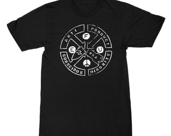 May include: Black t-shirt with a white graphic of a circle with the words "Anti Product Minority Conscious" around the outside and "F.U.S.A." inside the circle.